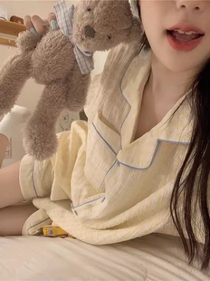 小清新格子睡衣女夏纯棉纱布简约翻领可爱少女短袖 短裤 家居服套装