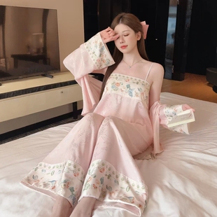 新中式冰丝睡衣女吊带长袖带胸垫2025新款性感纯欲风三件套家居服