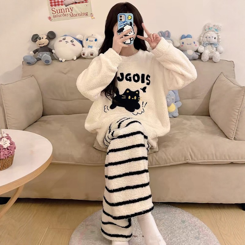 珊瑚绒睡衣女士冬季加绒加厚法兰绒秋冬款保暖长袖套装卡通家居服