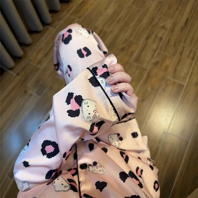 粉色豹纹HelloKitty冰丝睡衣女春