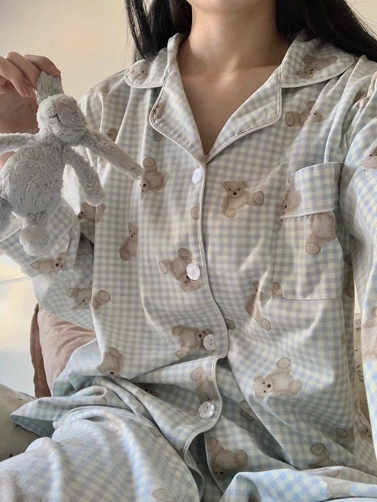 格子小熊睡衣女套装春秋款网红风