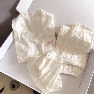 小碎花三件套睡衣女夏季薄款花边