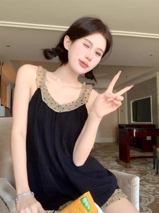 家居服套装 法式 睡裙薄款 复古波点撞色边吊带睡衣女夏季 天 纯棉无袖