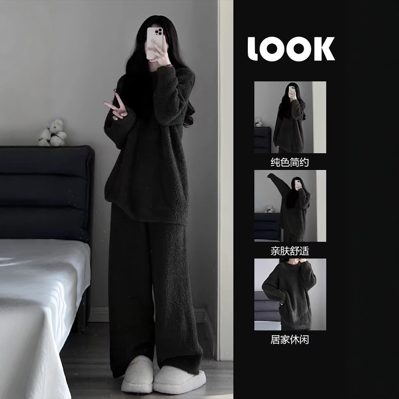 韩版高级半边绒睡衣女冬款2024年