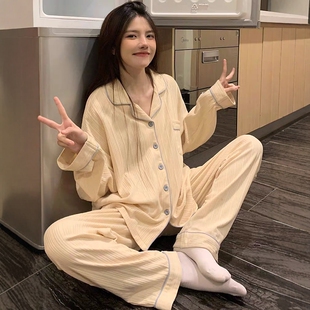 大码 长袖 长裤 纯棉睡衣春秋季 家居服套装 全棉可外穿开衫 春秋款 女款