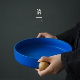 日式 清一 碗盘复古粗陶瓷菜盘手工创意家用鱼盘子克莱因蓝水果盘