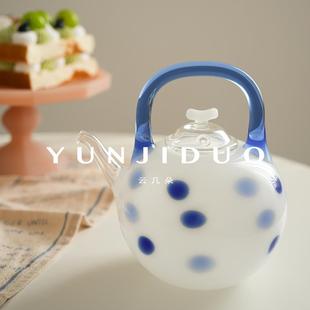 波点蓝白手工耐热玻璃泡煮茶烧水壶礼物提梁壶电陶炉家用 云几朵