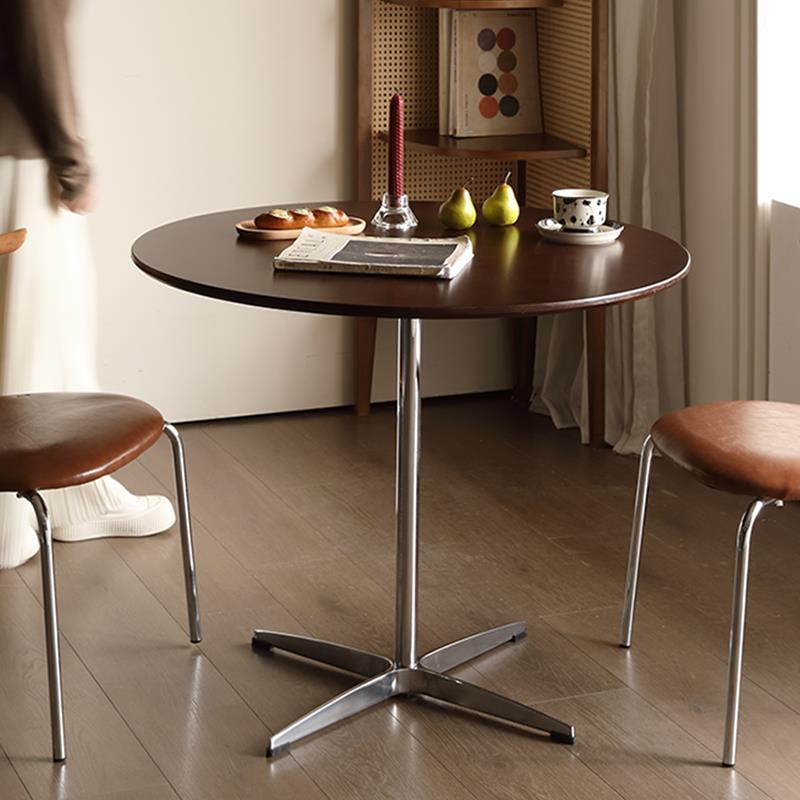 侘寂风茶几家具实木小圆形中古餐桌子不锈钢咖啡移动阳台边几复古