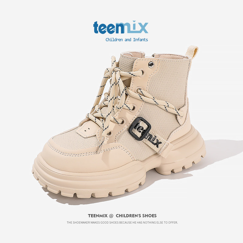天美意女童皮靴2023冬季新款儿童马丁靴小孩加绒保暖短靴中大童潮