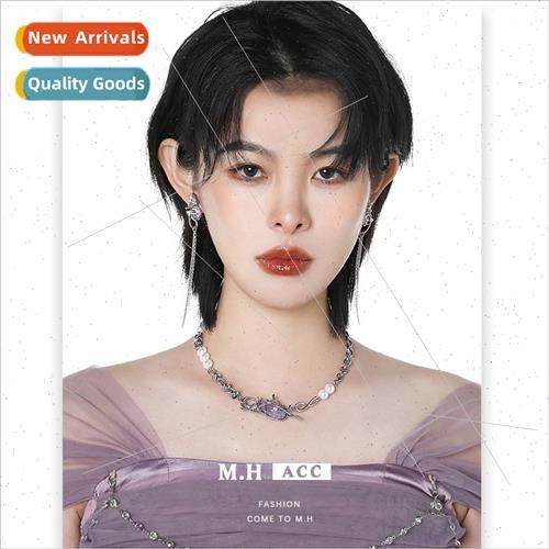 Purple pleated resin pearl necklace vintage niche collarbone