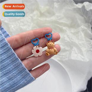 Koreafun cartoon bear earrings rural blue peach heart flower