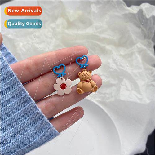 Koreafun cartoon bear earrings rural blue peach heart flower