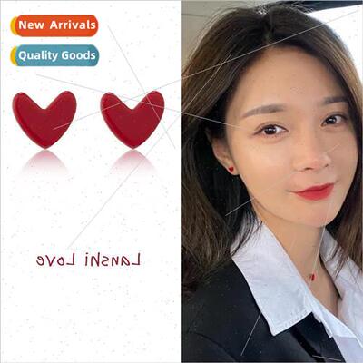 Korea original coral stone love silver pin earrings ins earr