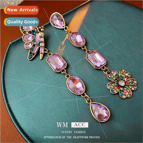 Earrings silver pin wh diamond asymmetric butterfly flower e