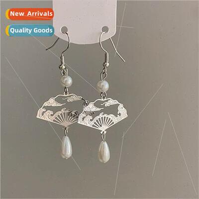 Skeletonized fan water drop pearl ear hook new Chinese earri