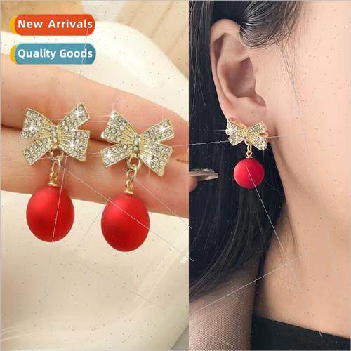 s925 silver pin niche Christmas Europe earrings red pearl fu