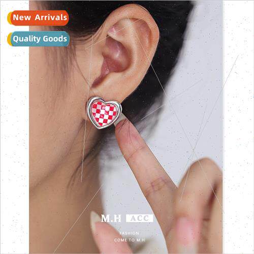 Green checkerboard grid earrings female hip-hop retro 925 si