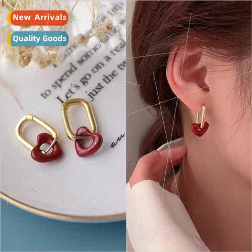 French retro red love earrings female 2023 new Korea hundred