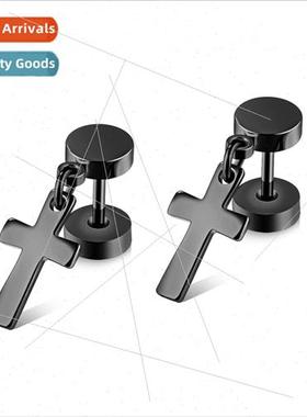 Black Tanium Men Barbell Cross Earrings Double ded Twisted S