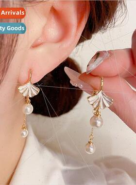 s925 silver needle elegant ginkgo biloba pearl long C earrin
