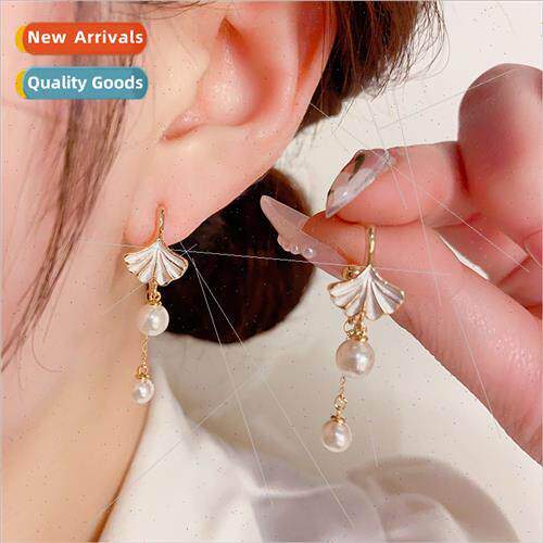 s925 silver needle elegant ginkgo biloba pearl long C earrin