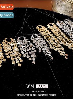 Square Sequins Tassel Long Earrings Buckle Europe Metal Earr