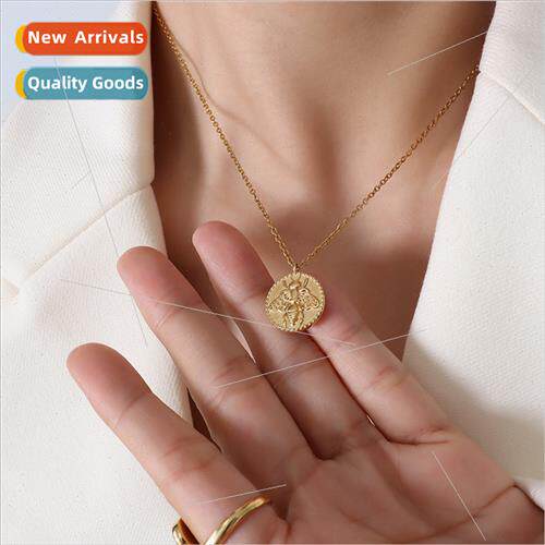 French ins niche jewelry titanium steel gold plated bee coin
