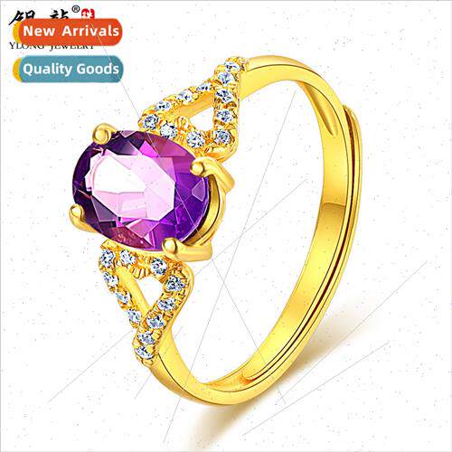 Yellow gold ring适用women amethyst 999 gold new opening wedd
