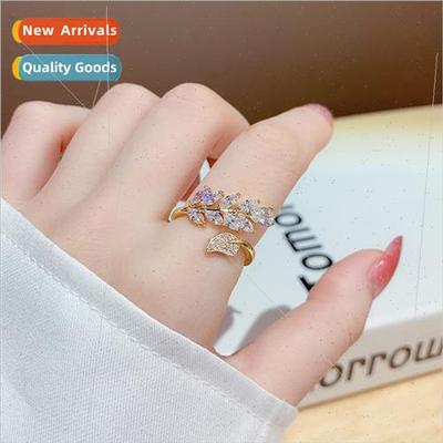 New super sparkling zirconia leaf ring women Atmospheric ope