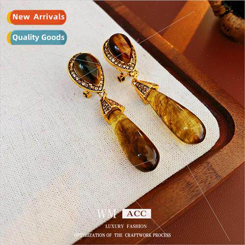 Diamond-set vintage tiger eye stone drop earrings French fal