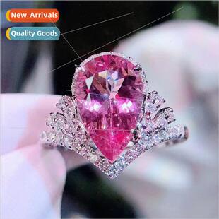 Crown Full Diamond Women Ring Teardrop mulation Pink Tourmal