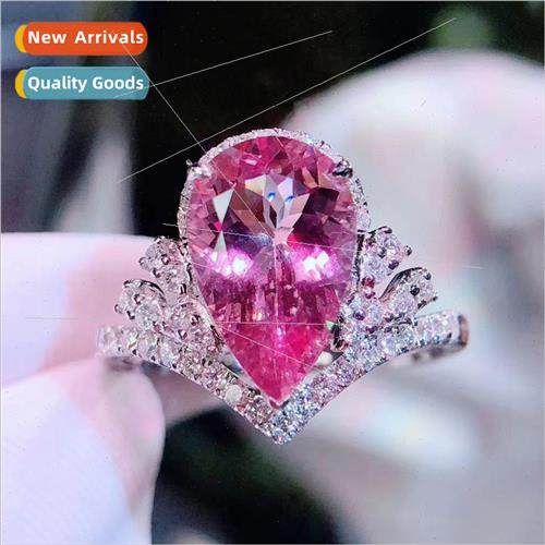 Crown Full Diamond Women Ring Teardrop mulation Pink Tourmal