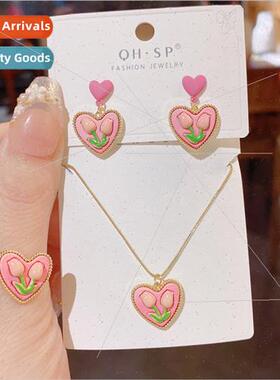 New pink heart fairy tulip earrings necklace ring sweet summ
