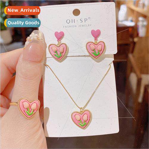 New pink heart fairy tulip earrings necklace ring sweet summ
