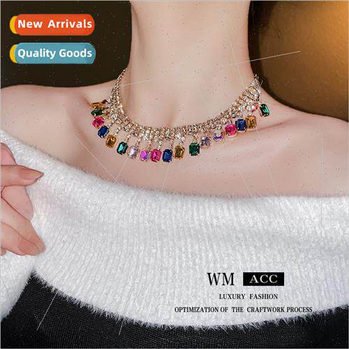 French diamond square tassel necklace delicate collarbone ch