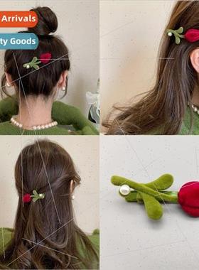 French red flocked tulip headdress hairpin side clip broken