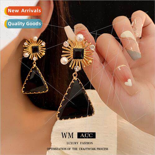 silver needle zirconia pearl triangle earrings fashion hundr