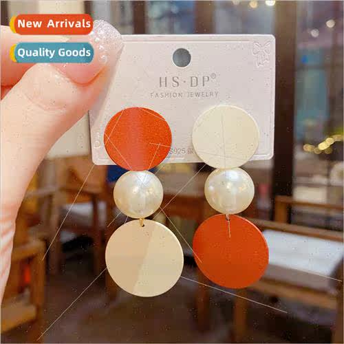 Retro asymmetrical geometric pearl earrings s925 silver pin
