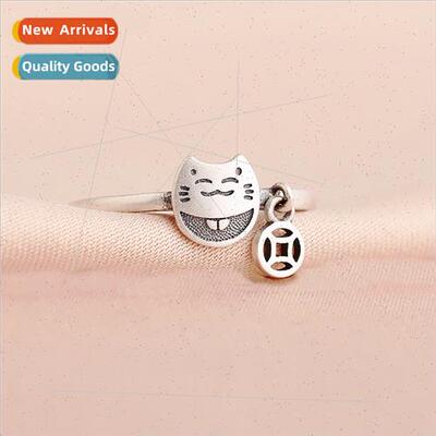 Frosted beckoning cat ring female niche fashion exquise open