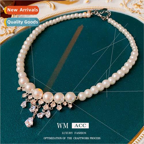 Diamond pearl drop tassel necklace French collarbone chain E