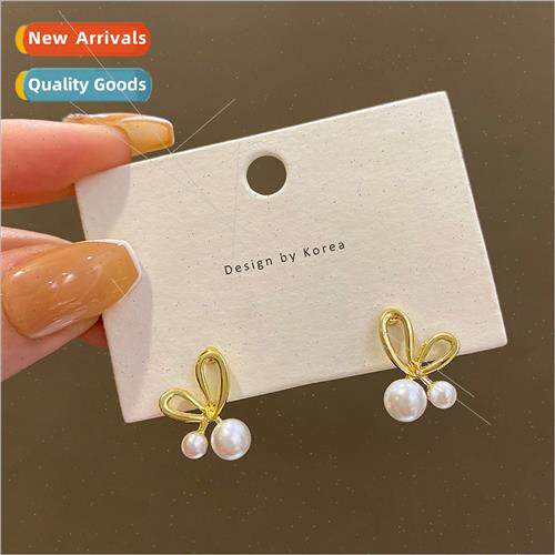 S925 silver pin gold-plated pearl earrings simple hollow bow