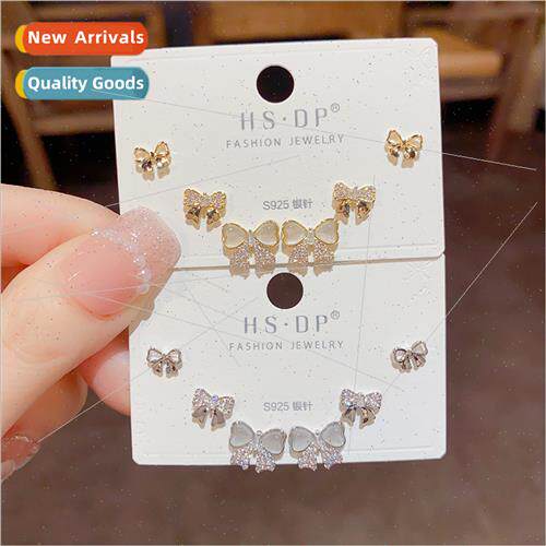 Fashion cute cat eye stone bow earrings set three s925 silve