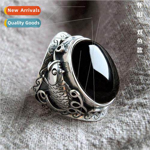 Vintage old black obsidian ring men koi domineering Thai sil