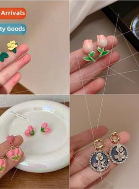 lver needle love pearl flower earrings Korea simple compact