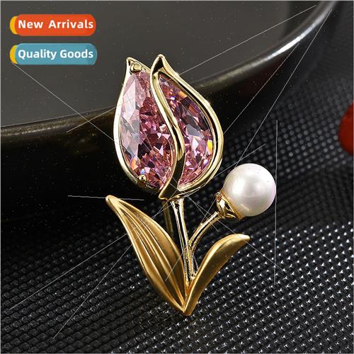High-grade crystal tulip brooch female fashion pin anti-glar