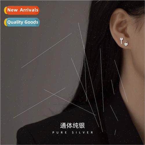 S925 silver heart lock key combination earrings asymmetrical