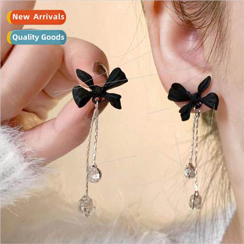 Black bow earrings 2023 new tide rhinestone long tassel earr