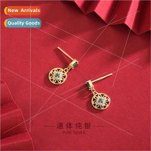 s925 silver vintage openwork floral studs emerald gemstone e