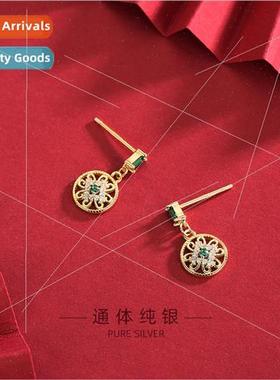 s925 silver vintage openwork floral studs emerald gemstone e