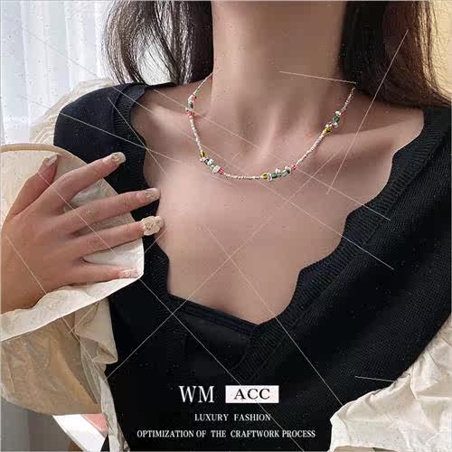 Ins broken silver a few two colorful beads necklace cold win